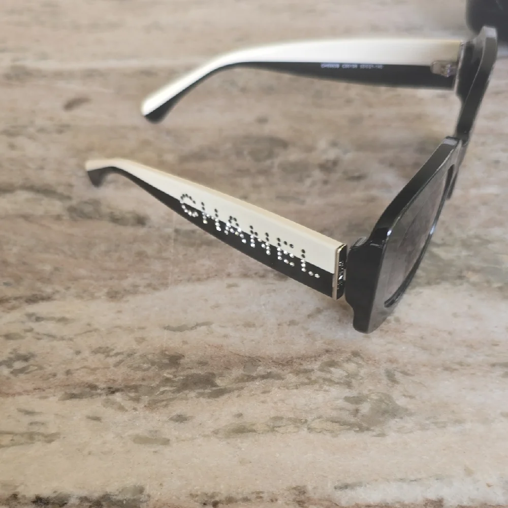 CHANEL Black and White Crystal Logo Sunglasses